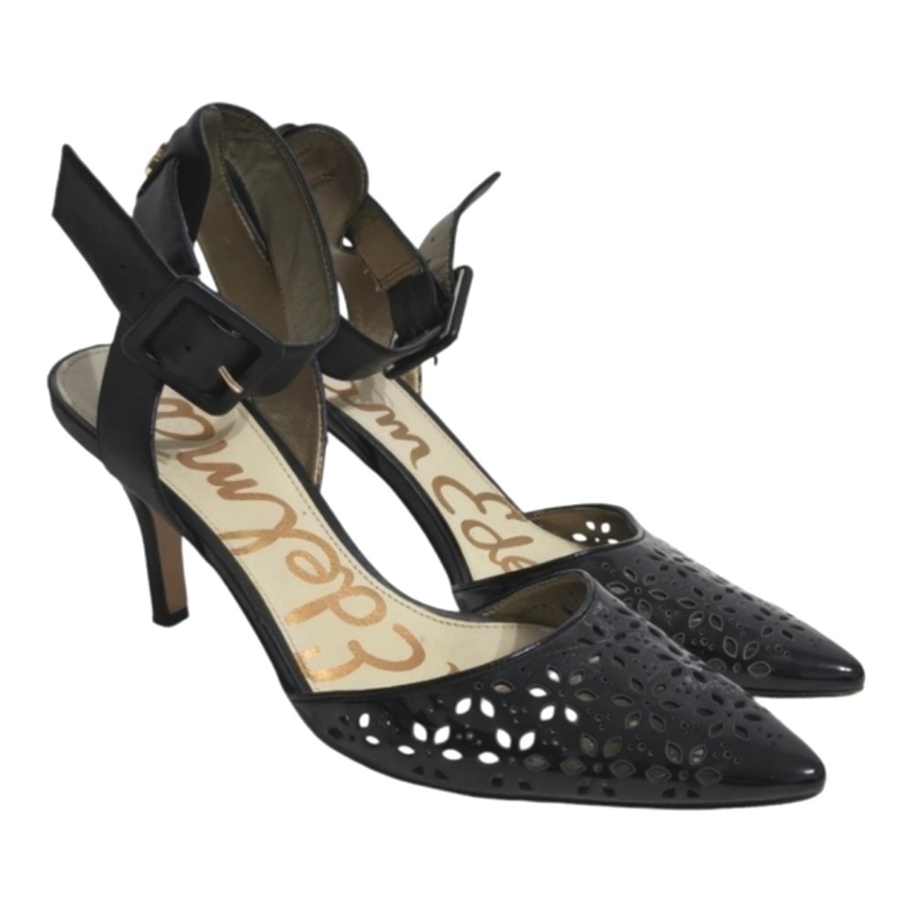 Sam Eldelman Odynna Black Patent Flower Pointed Toe Heels